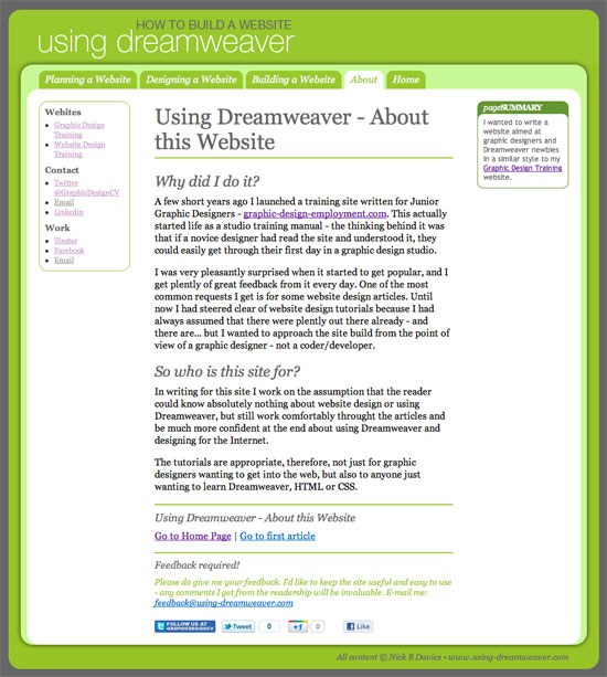 Using Dreamweaver - a website training site for Graphic Designers